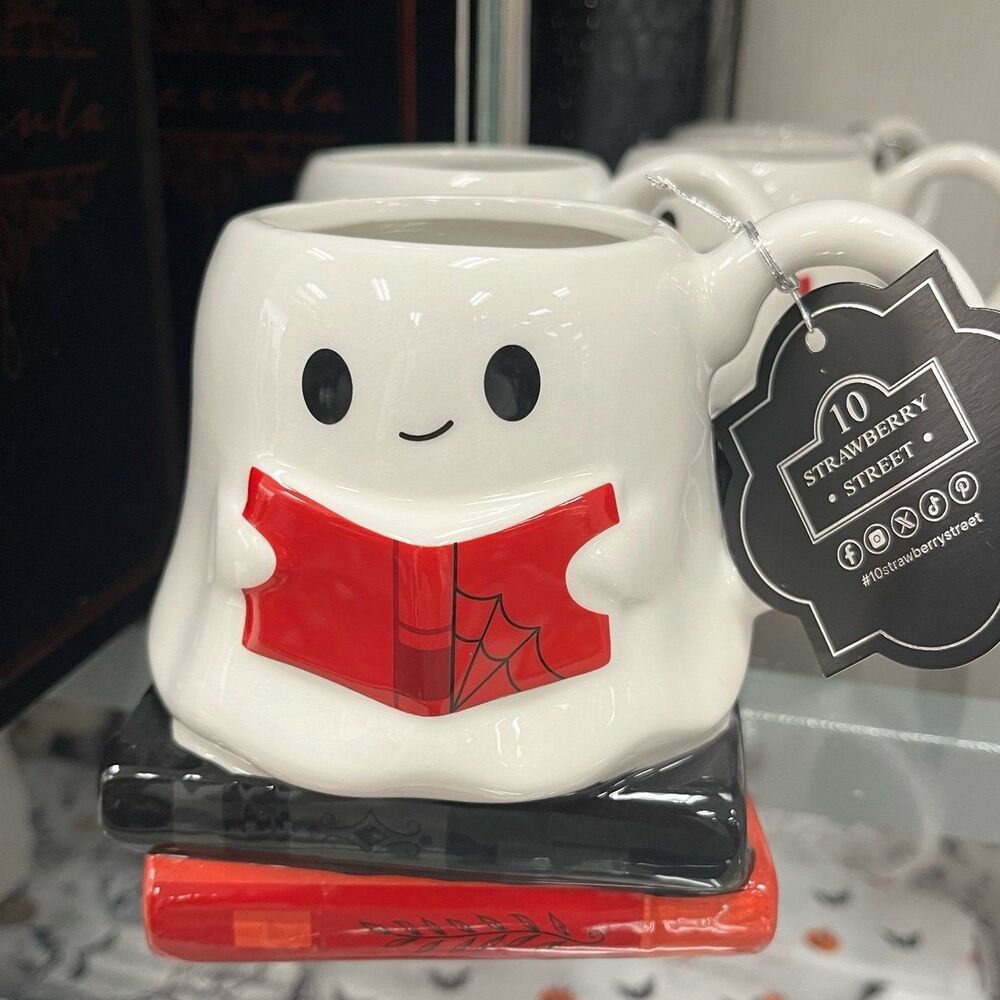 10 Strawberry Street Ghost Reading Books Halloween Coffee Mug